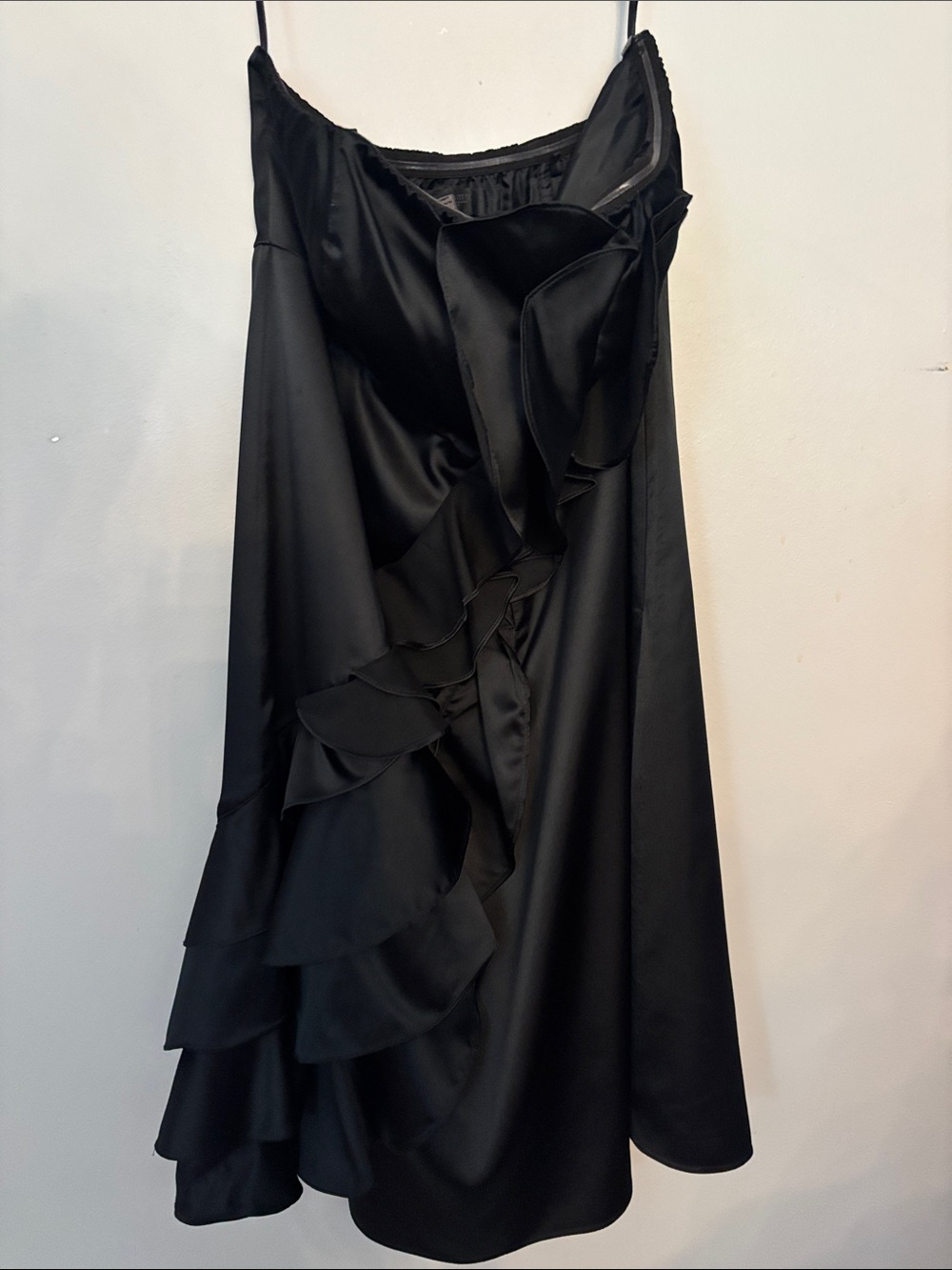 Ted Baker Black Satin Midi Dress with Cascading Ruffle